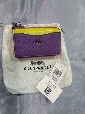 NWT Coach Colorblock Pebbled Leather Card Case - Purple, Yellow & Orange